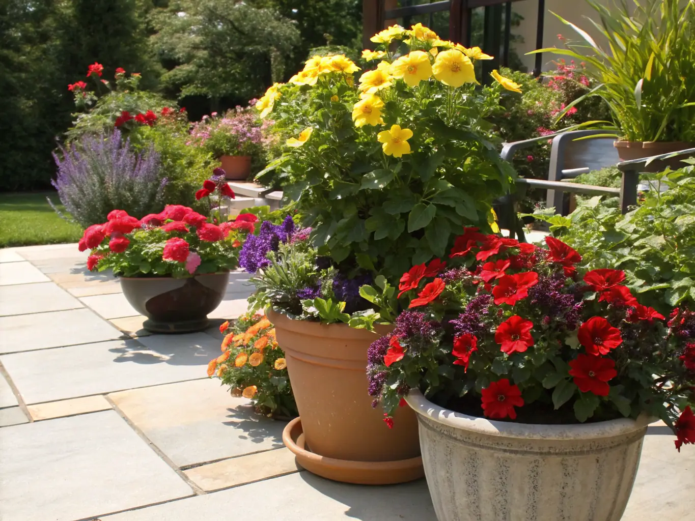 A wide shot of a selection of colorful plastic planters in various shapes and sizes, displayed on a sunny patio. The planters are filled with a mix of flowering plants and greenery, creating a vibrant and inviting outdoor space.