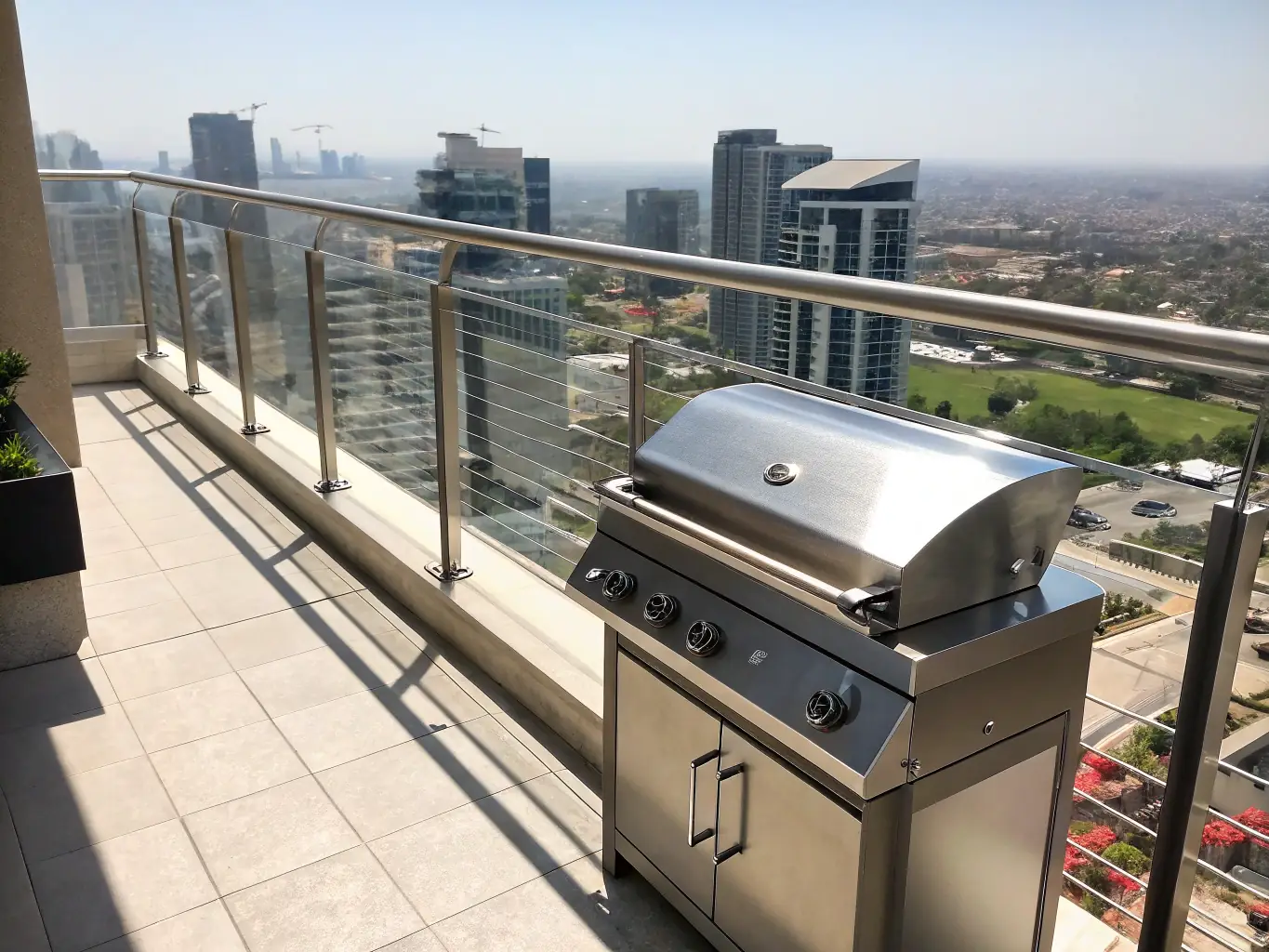 A close-up shot of a stainless steel wire rope invisible grill installed on a modern balcony, showcasing its sleek design and unobtrusive appearance, with a blurred cityscape in the background.