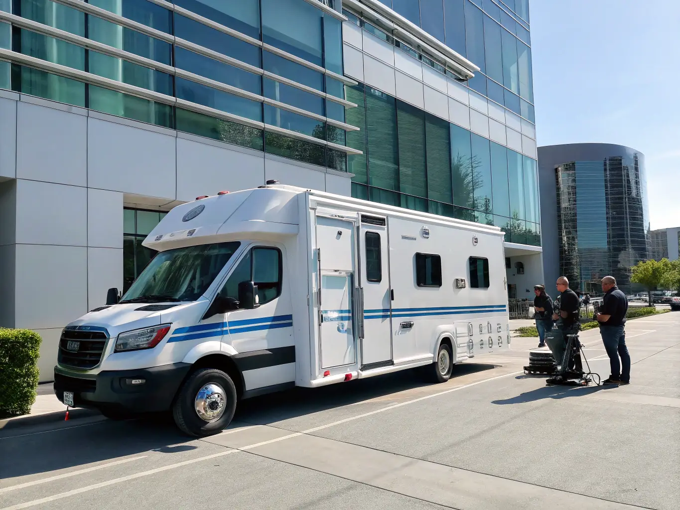 A Span Shield Enterprise vehicle parked outside a pharmaceutical company, symbolizing the company's specialized rodent control services for sensitive industries.