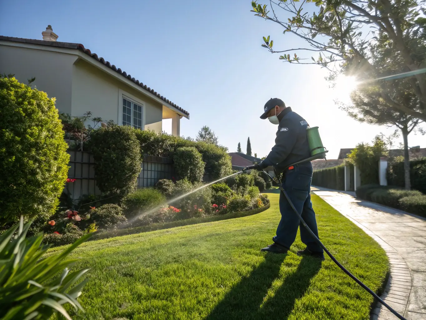A clear image showing a technician spraying a safe, eco-friendly solution to control mosquitoes in a residential backyard. The focus is on the fine mist and the lush greenery surrounding the area, highlighting the effectiveness and safety of the treatment.