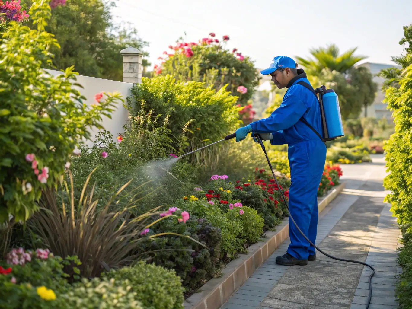 An image showing a mosquito fogging operation in a garden, with a professional using specialized equipment to control mosquito populations, emphasizing the outdoor pest control services.
