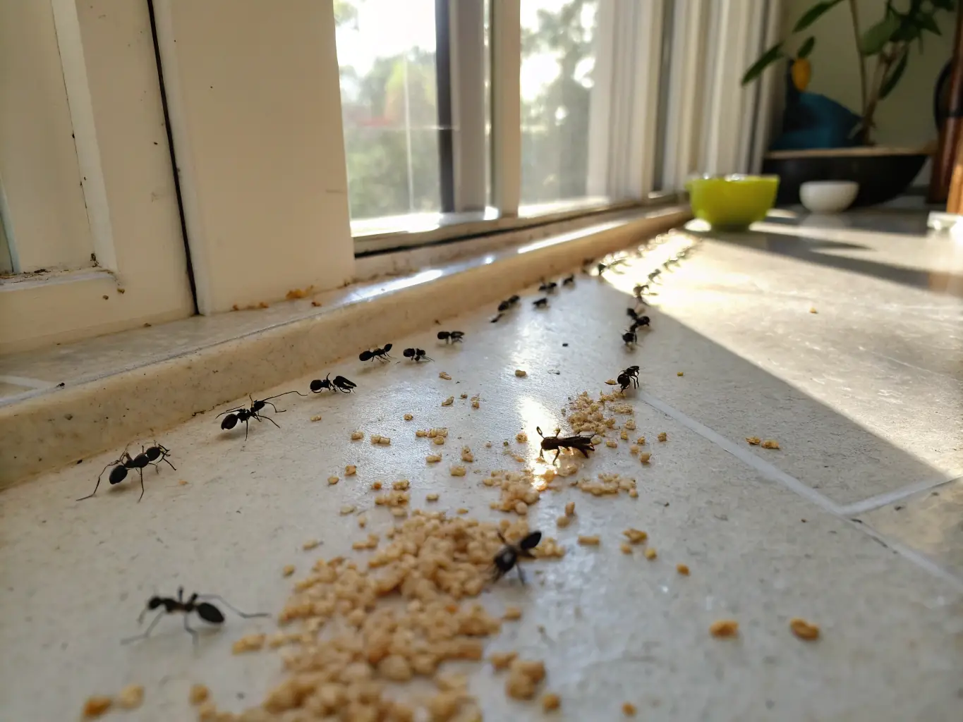 A high-angle, close-up shot of a line of ants marching across a kitchen counter, with a blurred background of common kitchen items. The image is intended to represent the common ant infestations that Span Shield Pest Control addresses.