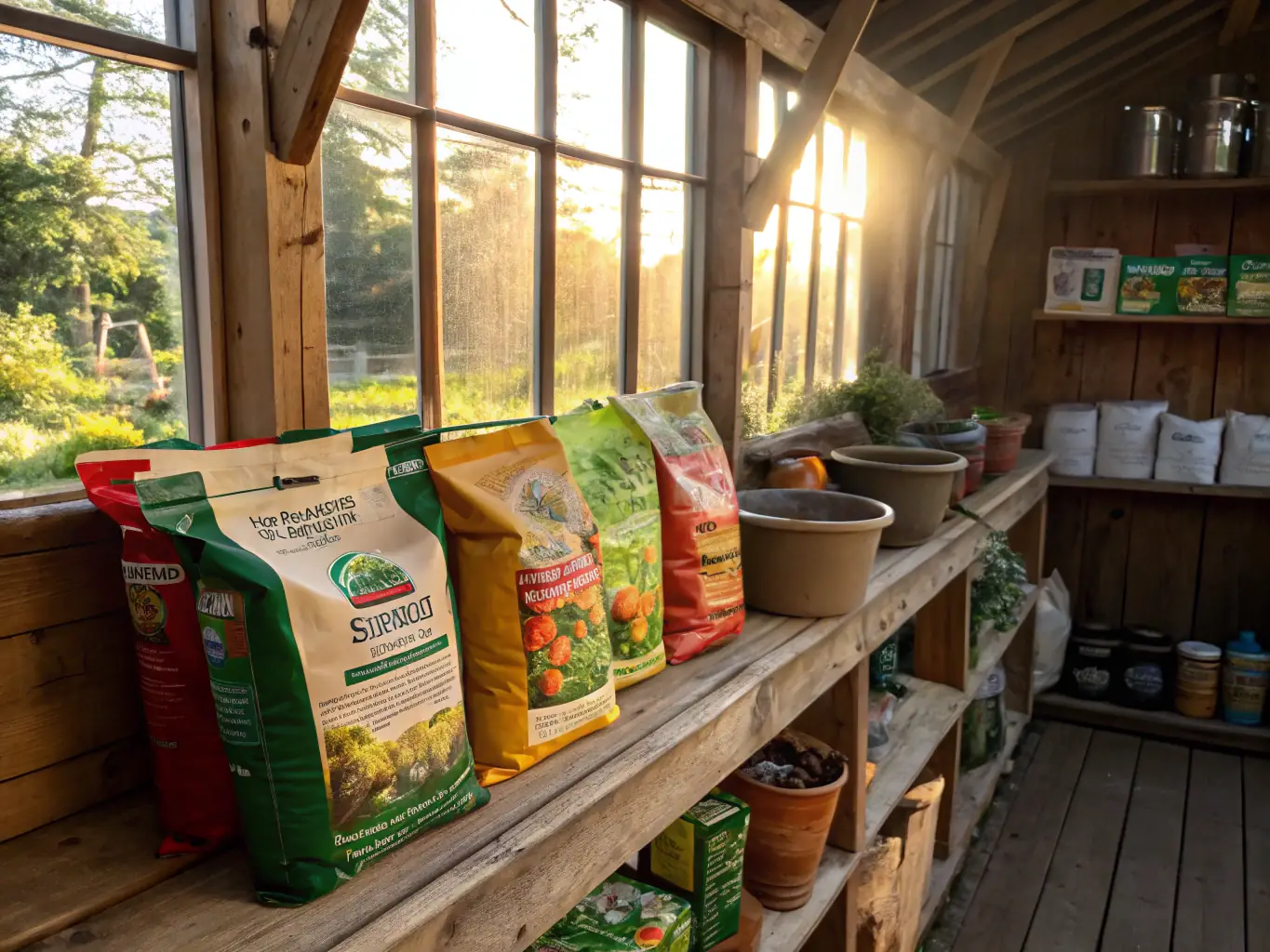 An image displaying a selection of various seed packets and organic fertilizers, arranged on a wooden surface with gardening gloves and a small watering can. The image should emphasize the natural and healthy aspects of the products.