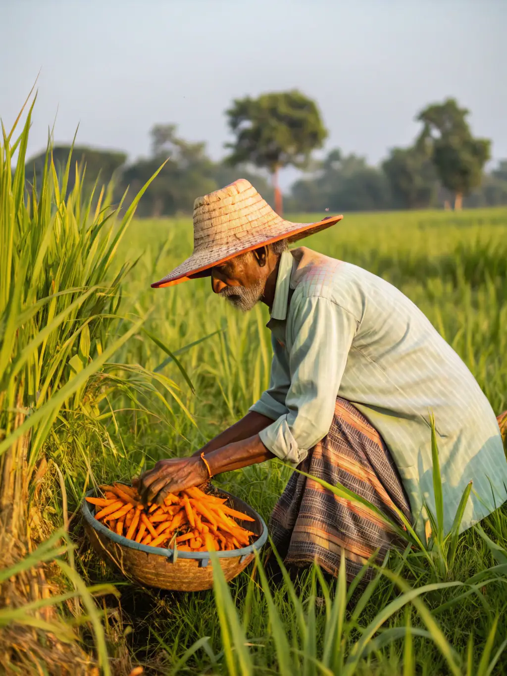 A farmer in Gujarat using a large green tarpaulin to cover a field of newly planted vegetable seeds, protecting them from heavy rain and pests.