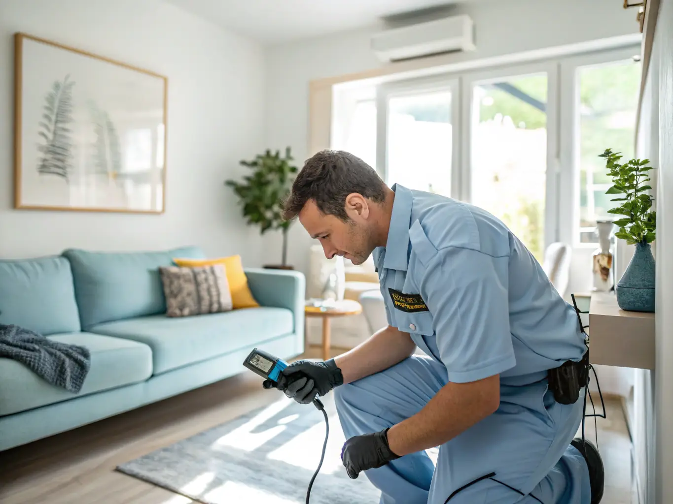 An image depicting a professional pest control technician from Span Shield Enterprise applying a specialized cockroach bait in a residential setting in Ahmedabad.