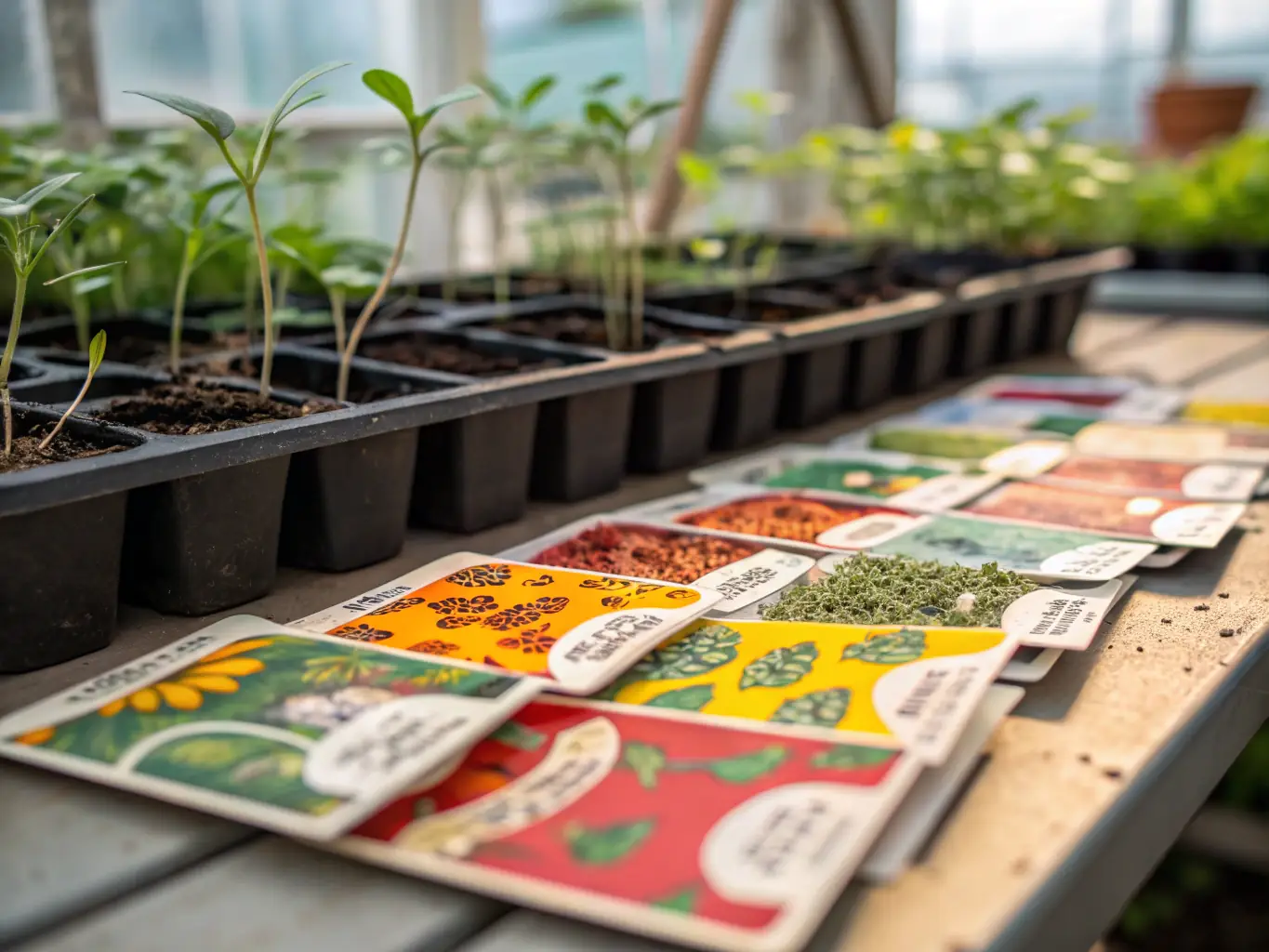 A vibrant image showcasing a variety of colorful seed packets and fertilizer bags, arranged neatly on a wooden shelf in a garden center setting. The image should convey the freshness and quality of Span Shield Enterprise's agricultural products.