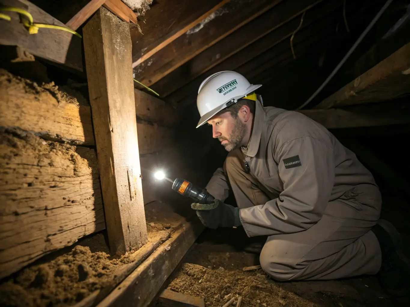 A high-resolution image depicting a termite inspection in progress, with a Span Shield Enterprise technician examining wooden structures for signs of termite damage using specialized tools.