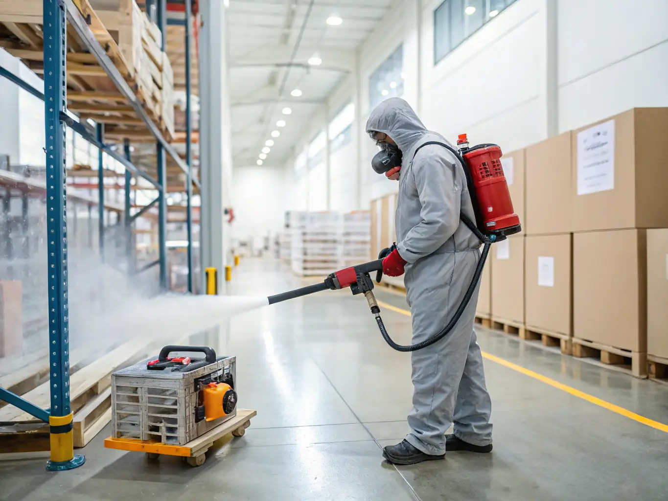A high-angle, close-up shot of a technician in a protective suit spraying a termite-infested wooden structure with specialized equipment, showcasing Span Shield Enterprise's termite control service.