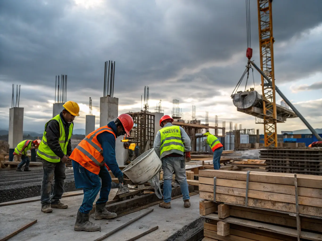 A construction site with workers safely using green shed nets as a barrier to prevent falls and protect pedestrians below, demonstrating its use in construction safety.