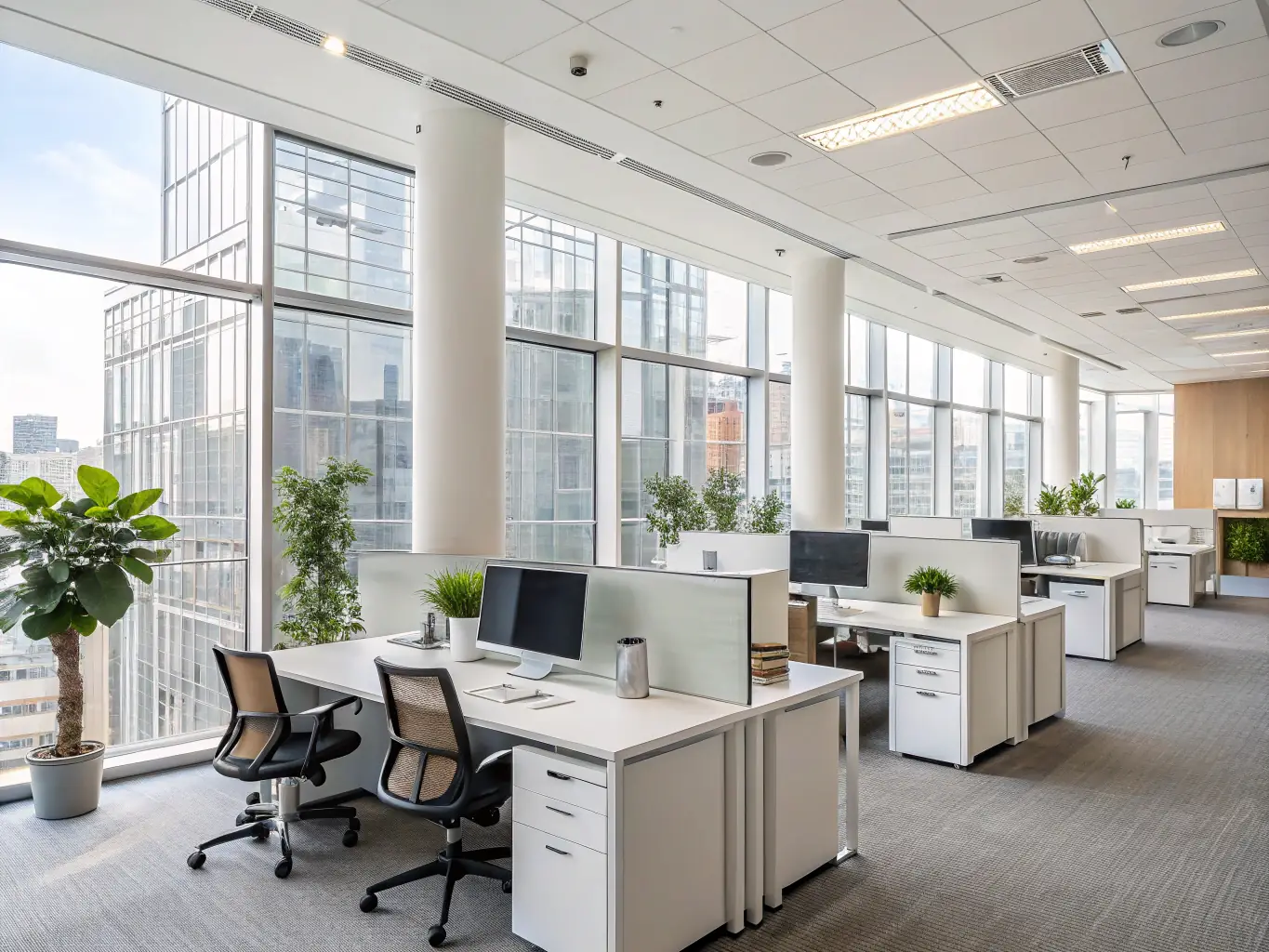 A modern office space with employees working, highlighting the importance of a pest-free environment for productivity and employee well-being.