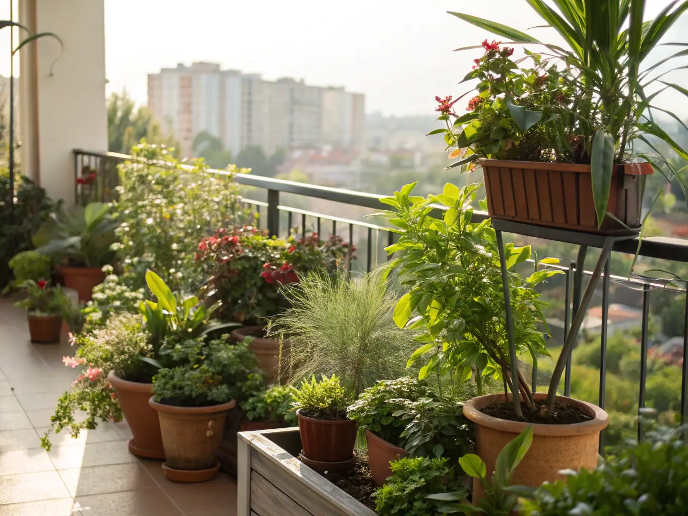 A wide shot of a balcony decorated with various artificial plants, including hanging ferns and potted flowers. The image should convey a sense of tranquility and the ease of creating a beautiful outdoor space with artificial plants.