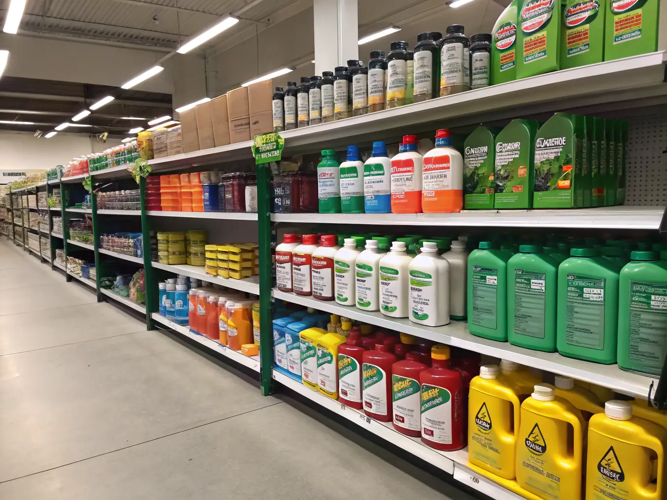 A high-angle, close-up shot of various pesticide bottles and containers arranged neatly on a shelf, showcasing different brands and formulations available at Span Shield Enterprise, with labels clearly visible.
