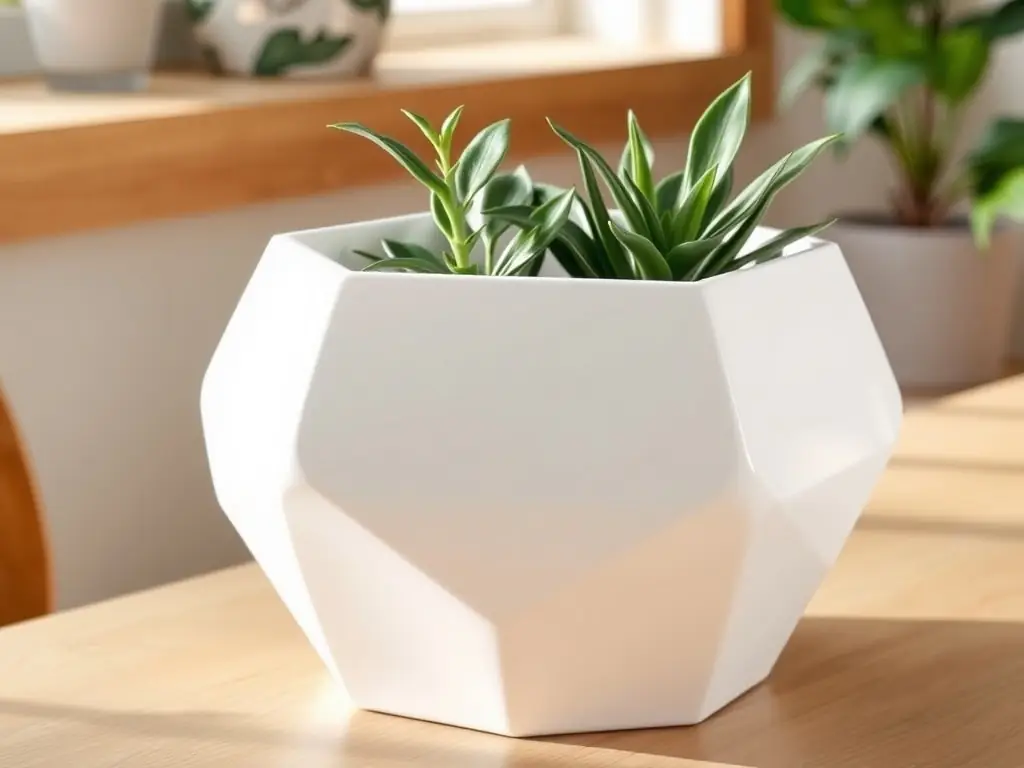 A close-up shot of a modern, square-shaped planter made from a lightweight composite material, showcasing its sleek design and smooth texture. The planter contains a vibrant green succulent, highlighting its suitability for contemporary gardens.