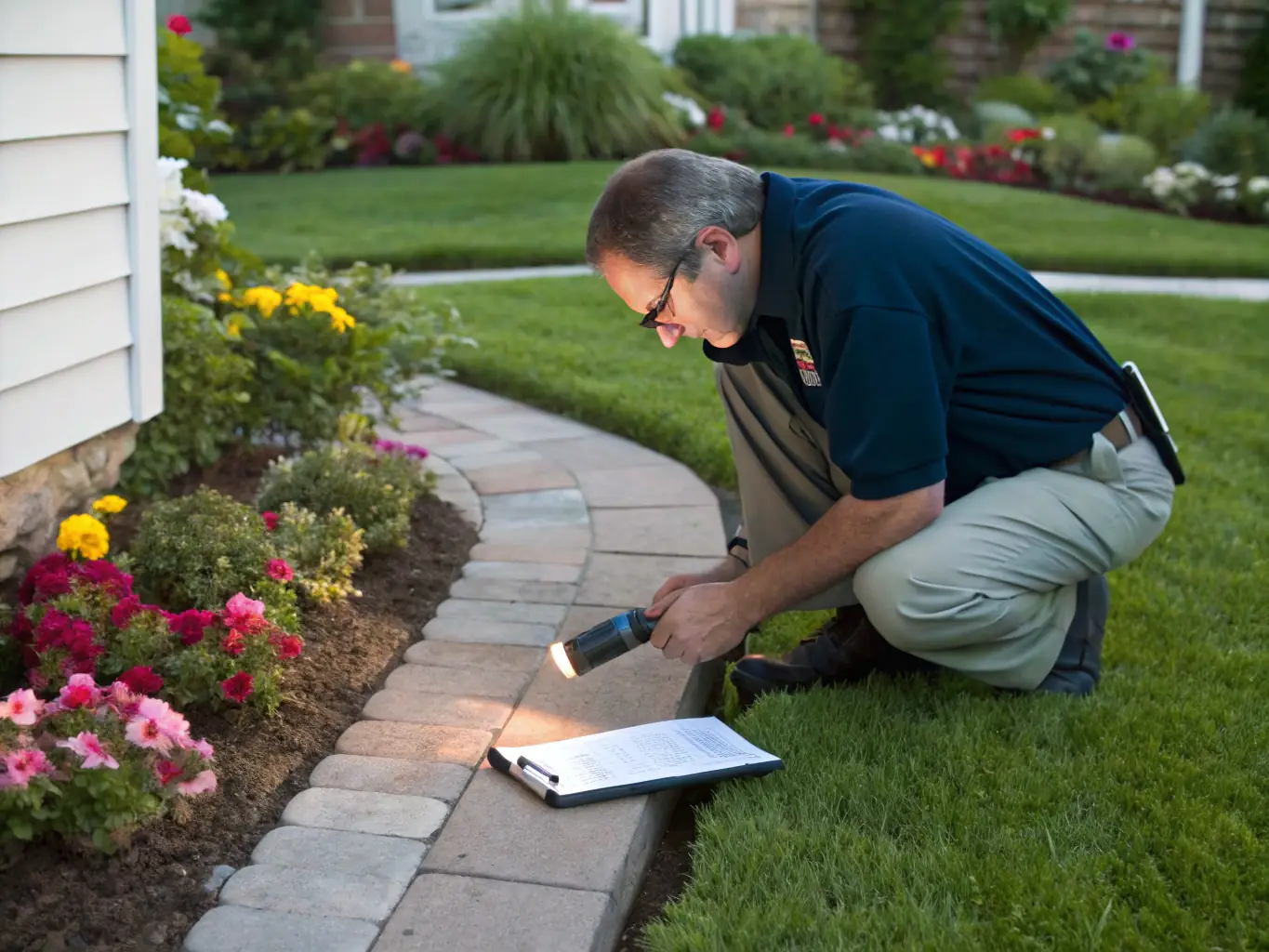 A pest control technician inspecting a home's foundation for potential entry points, with a focus on cracks and crevices. The image should convey thoroughness and attention to detail.