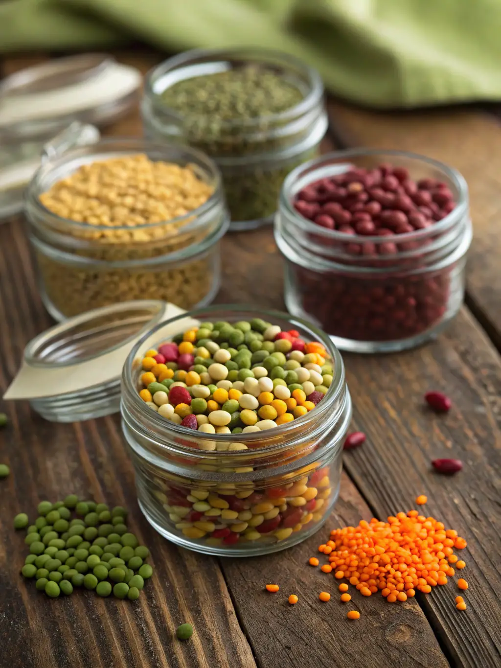 A close-up shot of various types of vegetable seeds in colorful packets, displayed on a wooden table with gardening tools in the background. The image should emphasize the freshness and variety of the seeds.