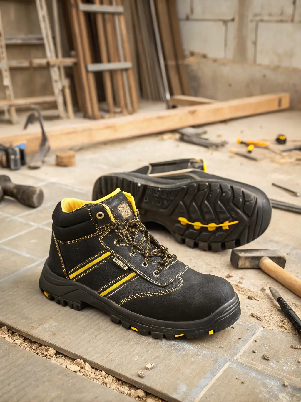 A close-up shot of high-quality safety shoes suitable for gardening and pest control work, showcasing their durability and protective features.