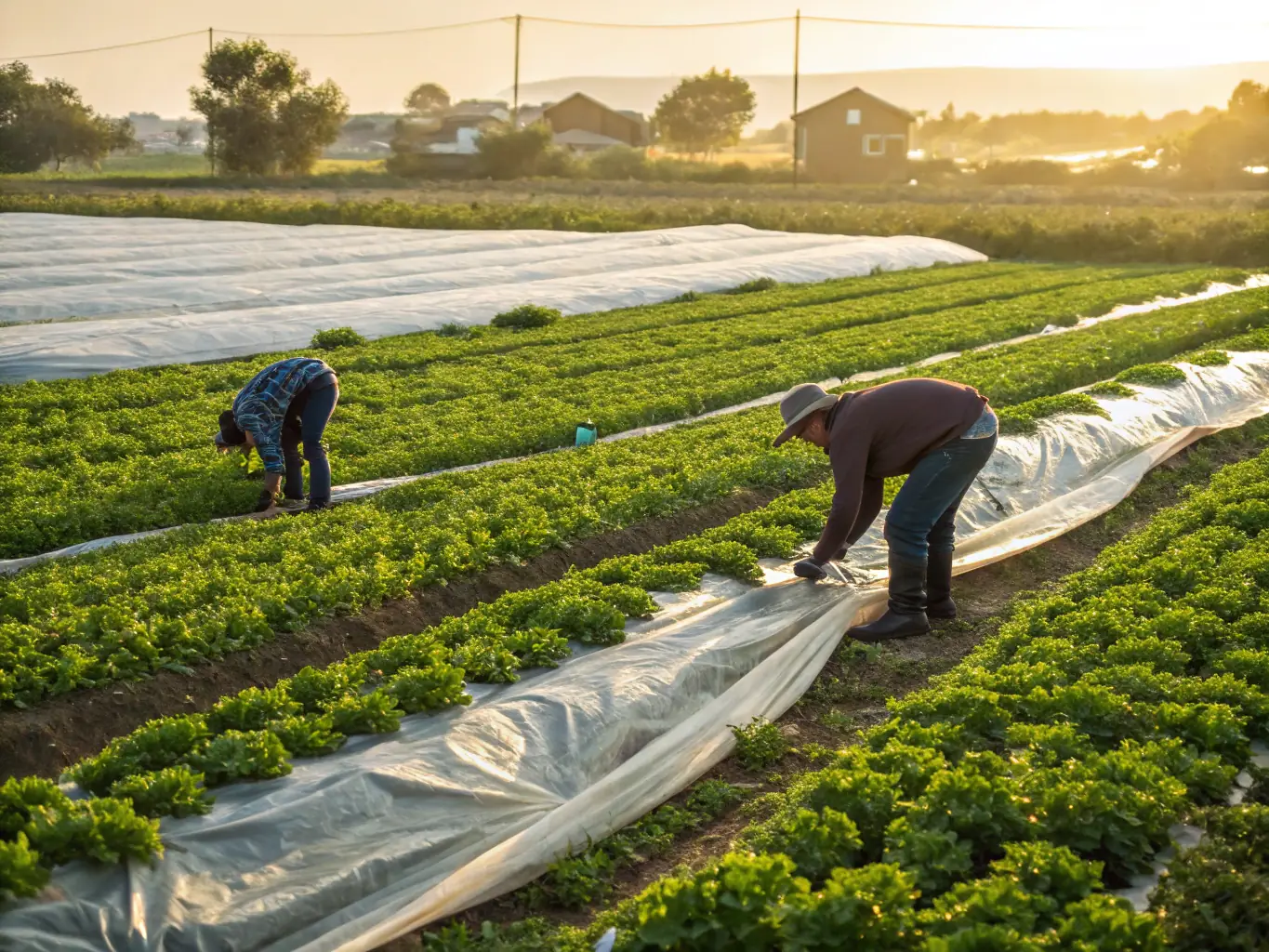 An image showcasing the installation of green agro shed netting in an agricultural setting, highlighting its role in protecting crops and plants from bird damage.