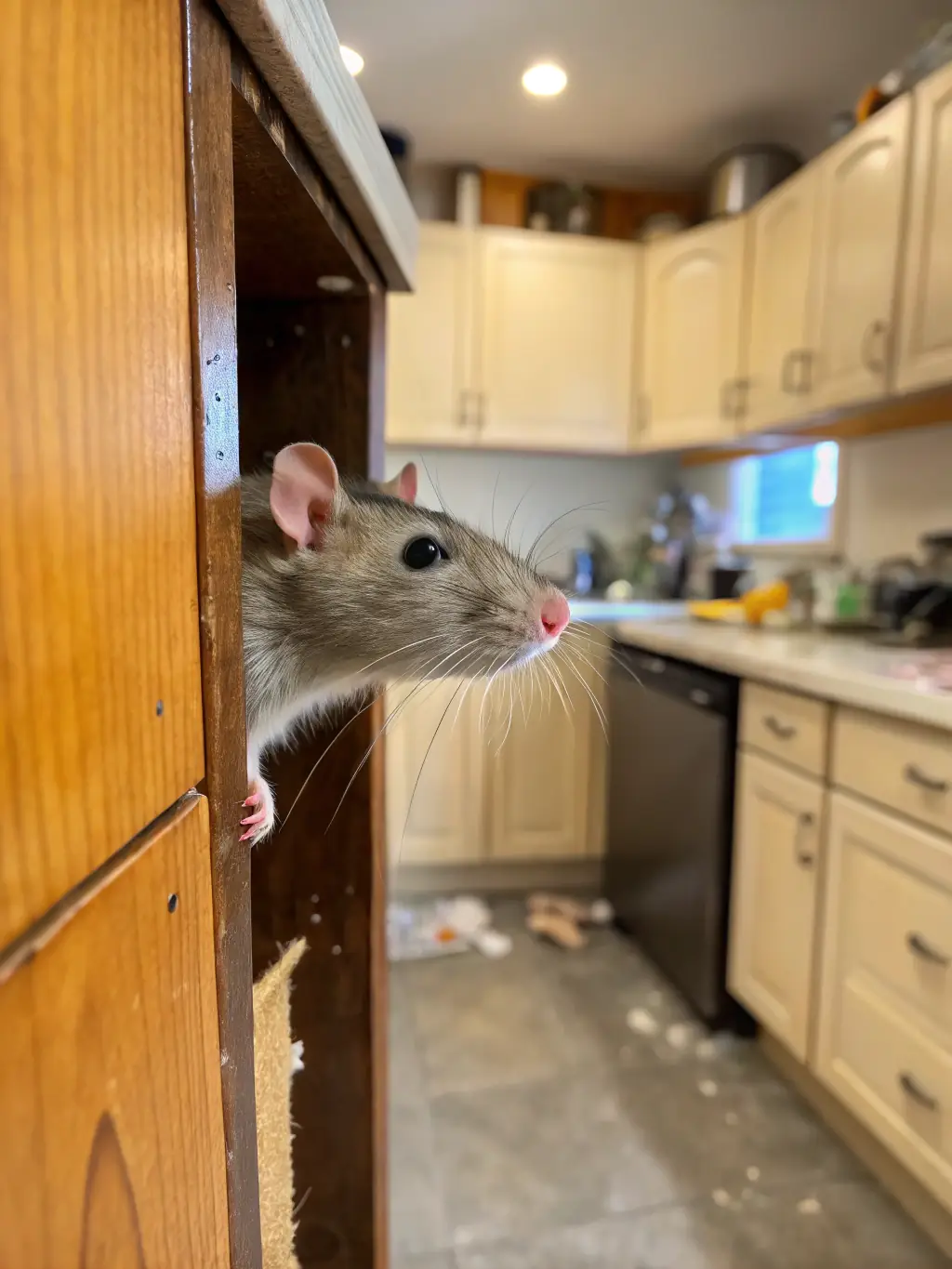 A rat infestation in a commercial kitchen, with gnawed food packaging and droppings visible, emphasizing the need for professional rodent control in food-related businesses.