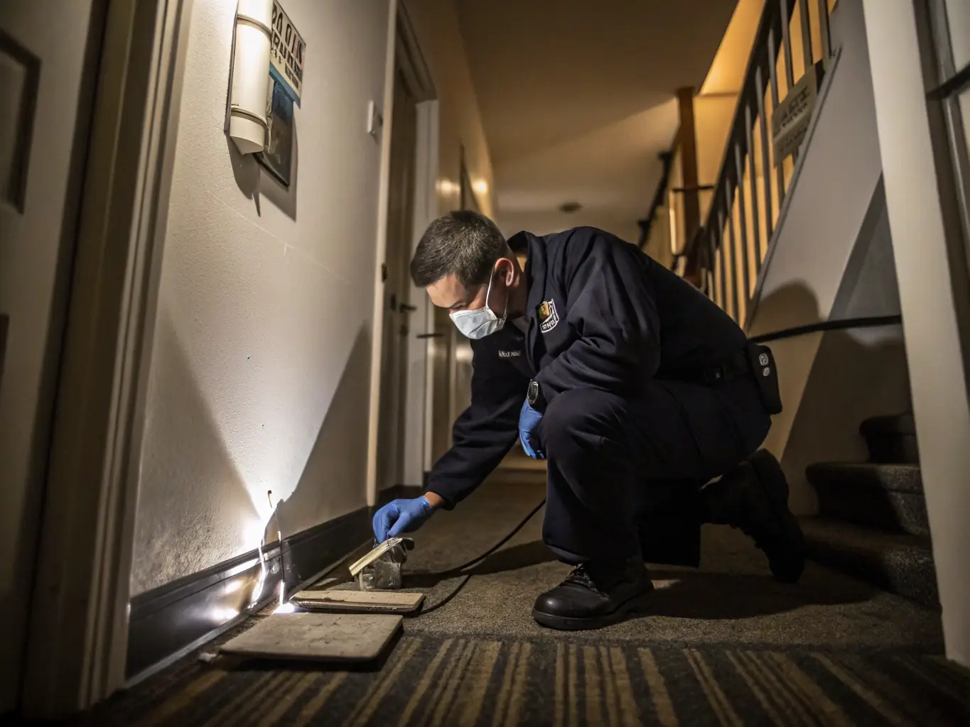 A Span Shield Enterprise team member applying rodenticide bait in a discreet location within a warehouse, showcasing the company's safe and strategic approach to rodent extermination.