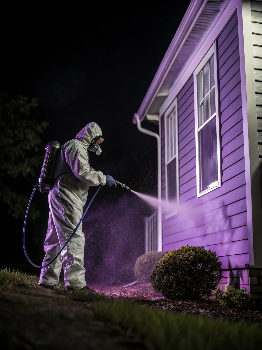 An image illustrating a protective barrier being applied around the perimeter of a building to prevent cockroach entry, with a focus on the treated area.