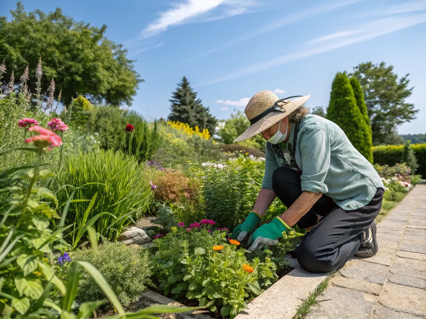 A worker wearing safety shoes, gloves, and a helmet while working in a garden, emphasizing the importance of personal protective equipment.