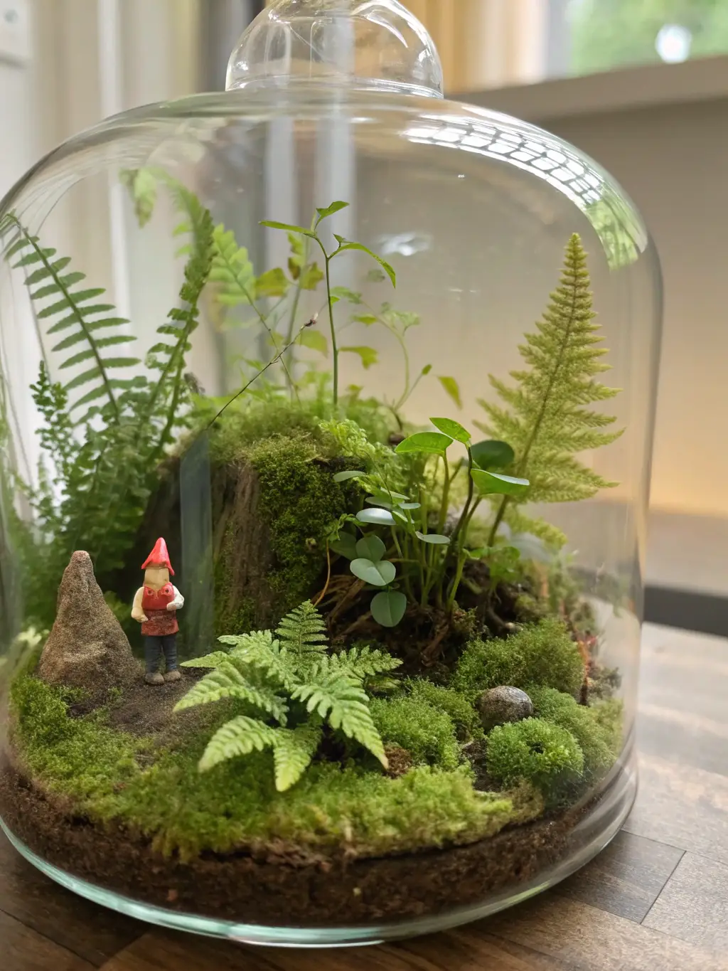 A close-up shot of a vibrant, realistic-looking artificial fern in a modern white pot, showcasing its intricate leaf details and natural green color, set against a blurred background of a well-lit living room.