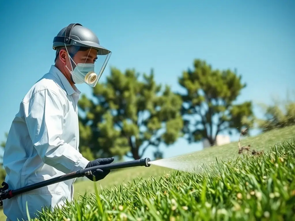 A professional pest control technician wearing protective gear and using a fogging machine to apply mosquito treatment in a residential backyard, focusing on areas with dense vegetation.