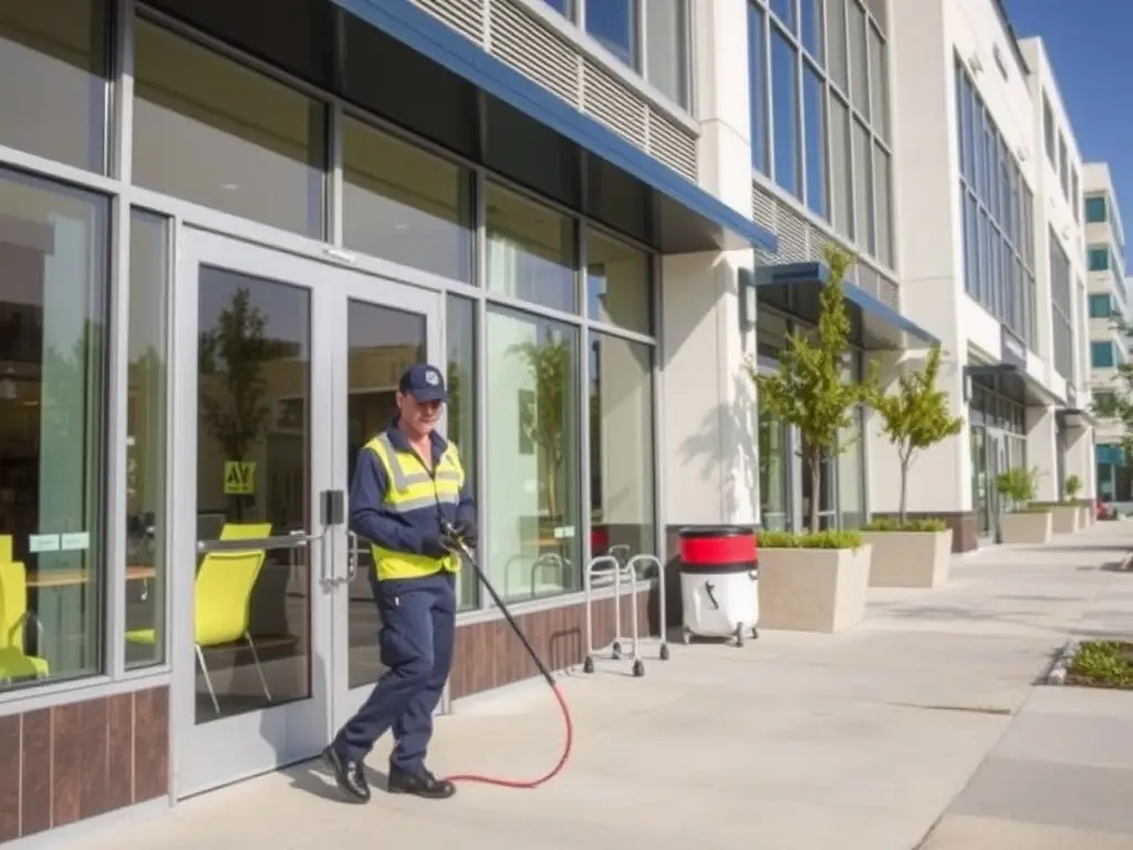 A professional pest control technician in Ahmedabad installing bird spikes on the ledge of a commercial building to prevent pigeons from roosting, ensuring a clean and safe environment.