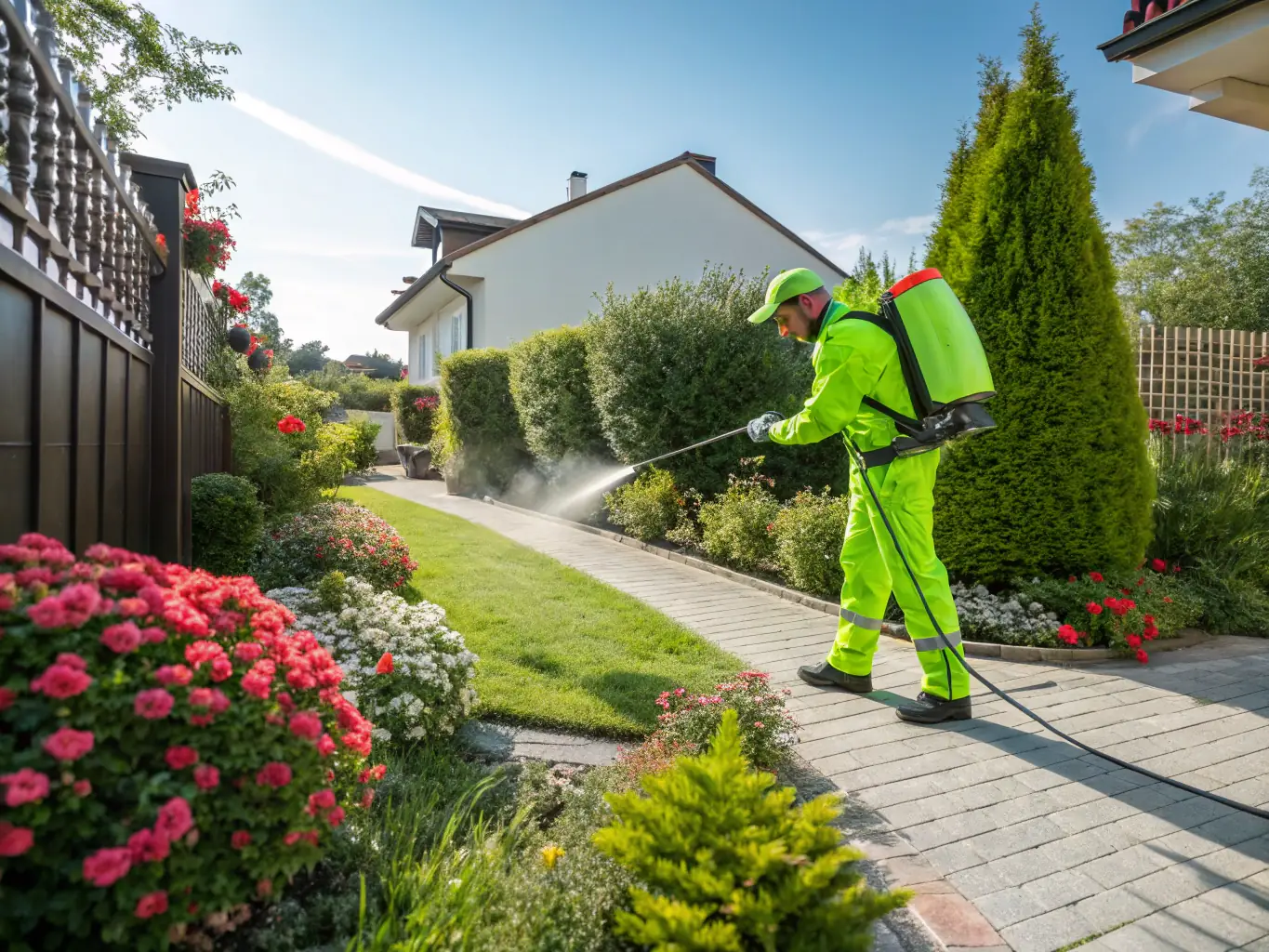 A professional pest control technician spraying pesticide around the foundation of a house to prevent termite infestation.