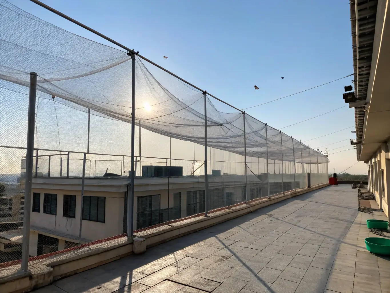A detailed image showing nylon bird netting installed around a residential balcony, preventing pigeons and other birds from entering and causing damage or spreading diseases.