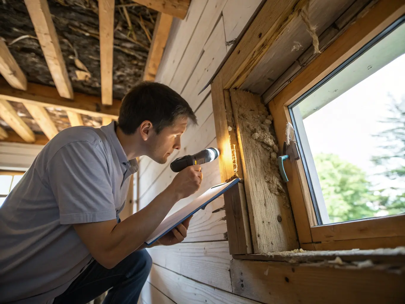 A close-up shot of a technician from Span Shield Enterprise inspecting wooden furniture for termite damage, using professional equipment. The setting is a well-lit home interior, emphasizing the thoroughness of the inspection.