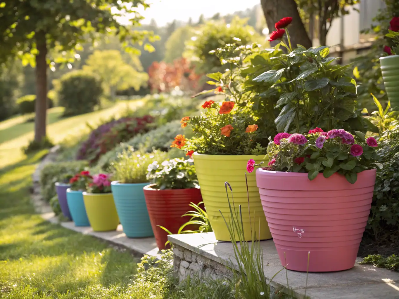 A vibrant image showcasing a variety of colorful ceramic plant pots arranged on a wooden shelf in a garden setting, with various plants and flowers adding to the visual appeal. The image should convey a sense of style and functionality.