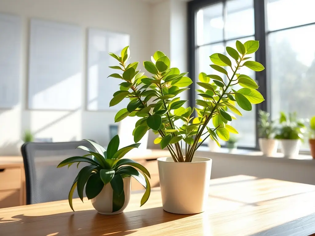 A close-up shot of a small artificial succulent arrangement in a stylish ceramic pot, placed on a bright office desk. The image should highlight the realistic details of the succulent and its compact size.