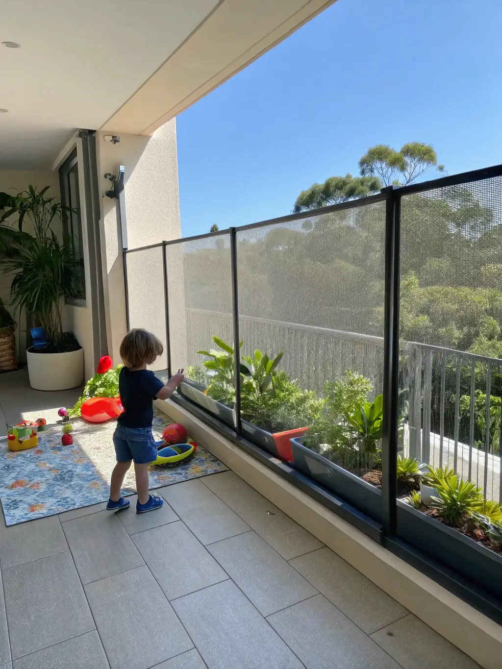 A child playing safely on a balcony secured with an invisible grill, emphasizing child safety and peace of mind for families in Ahmedabad.