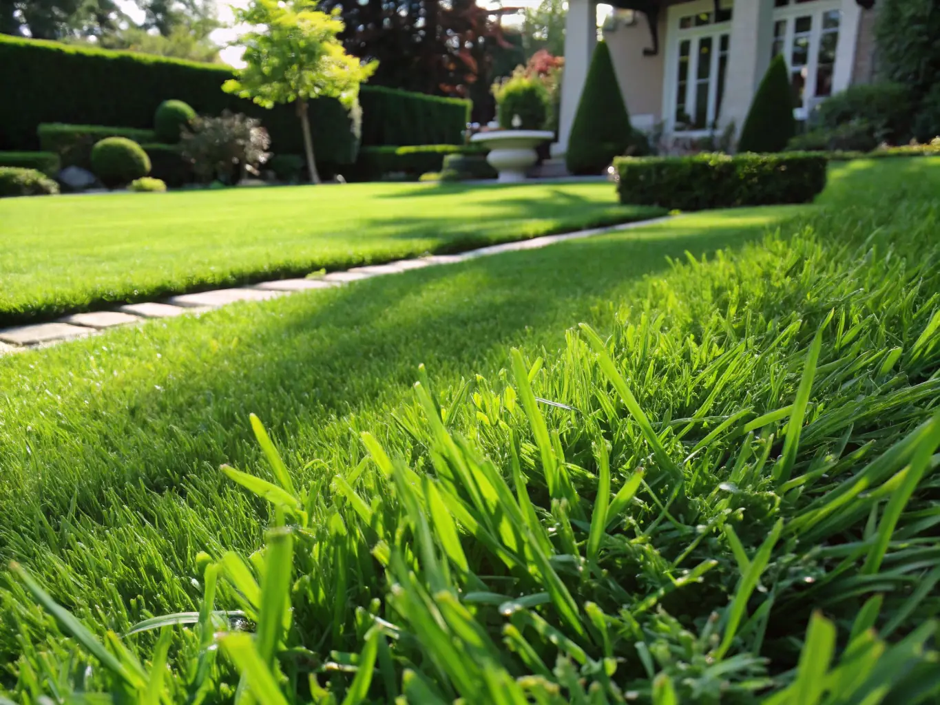 A vibrant image showcasing a lush green lawn covered with high-quality artificial grass, with a person relaxing in the background, emphasizing the low-maintenance and aesthetic appeal.