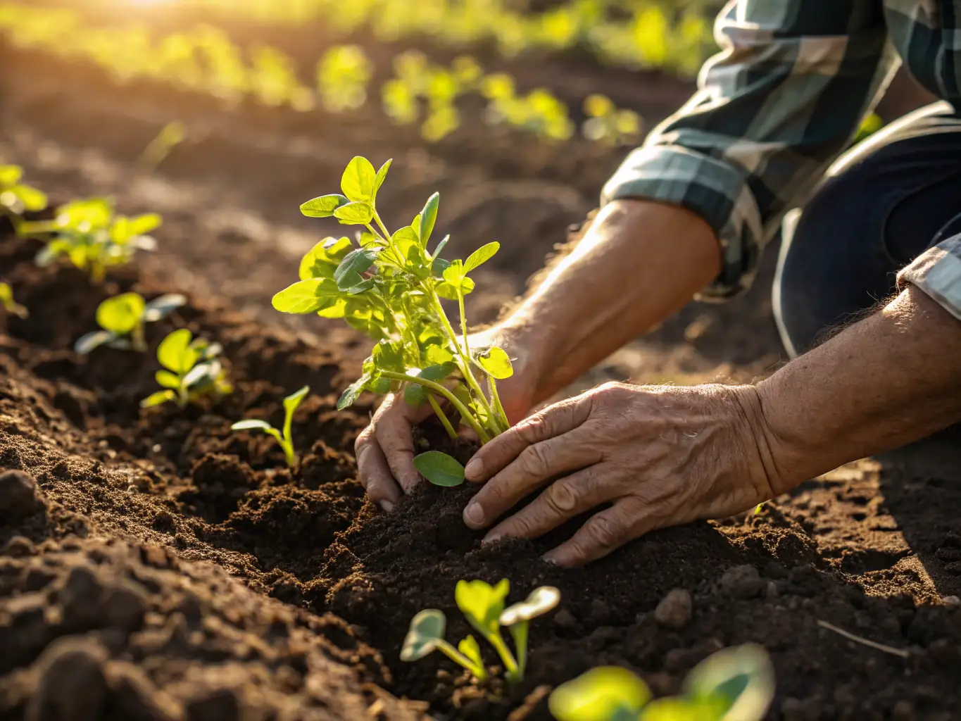 Close-up of vegetable seedlings and organic fertilizer bags in a garden, illustrating the benefits of using quality seeds and fertilizers for plant growth.