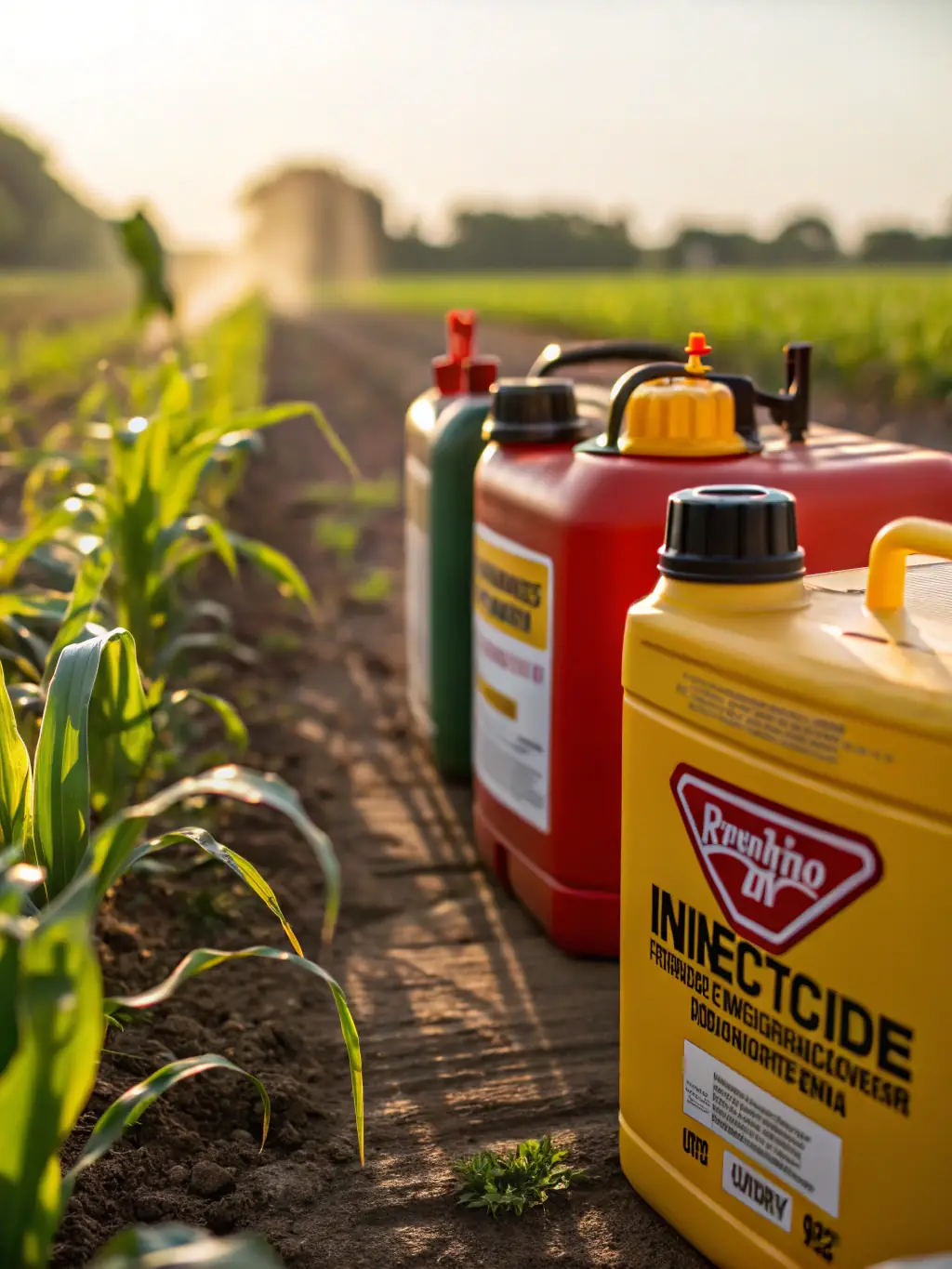 A close-up shot of various pesticide bottles and containers, emphasizing their labels and usage for agricultural and public health pest control.