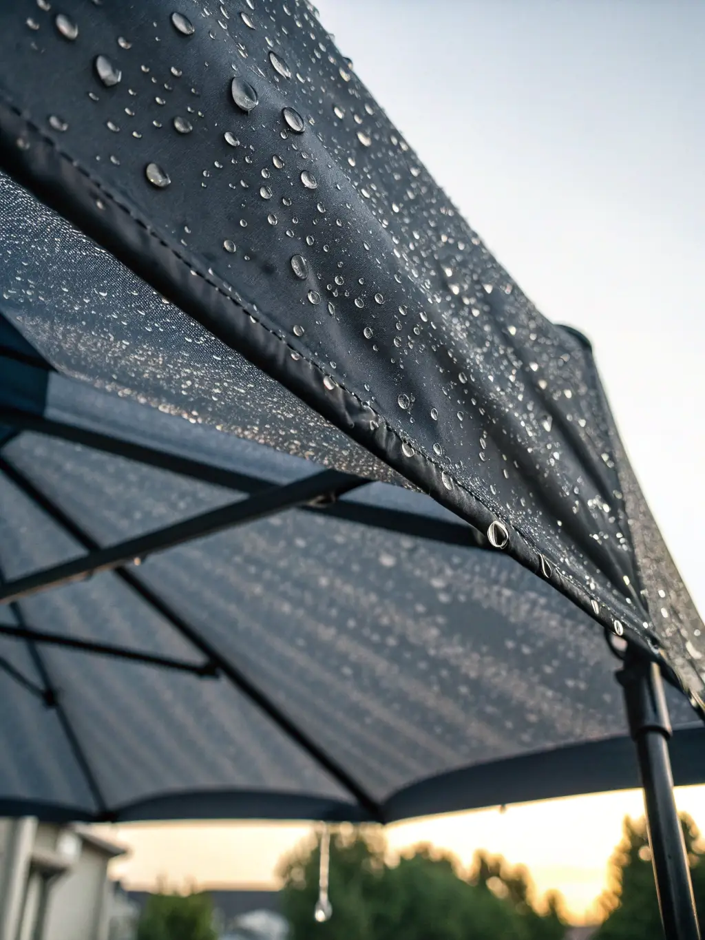 A visual representation of the shade net's weatherproof properties, showing water droplets rolling off the surface, emphasizing its resistance to rain and moisture.