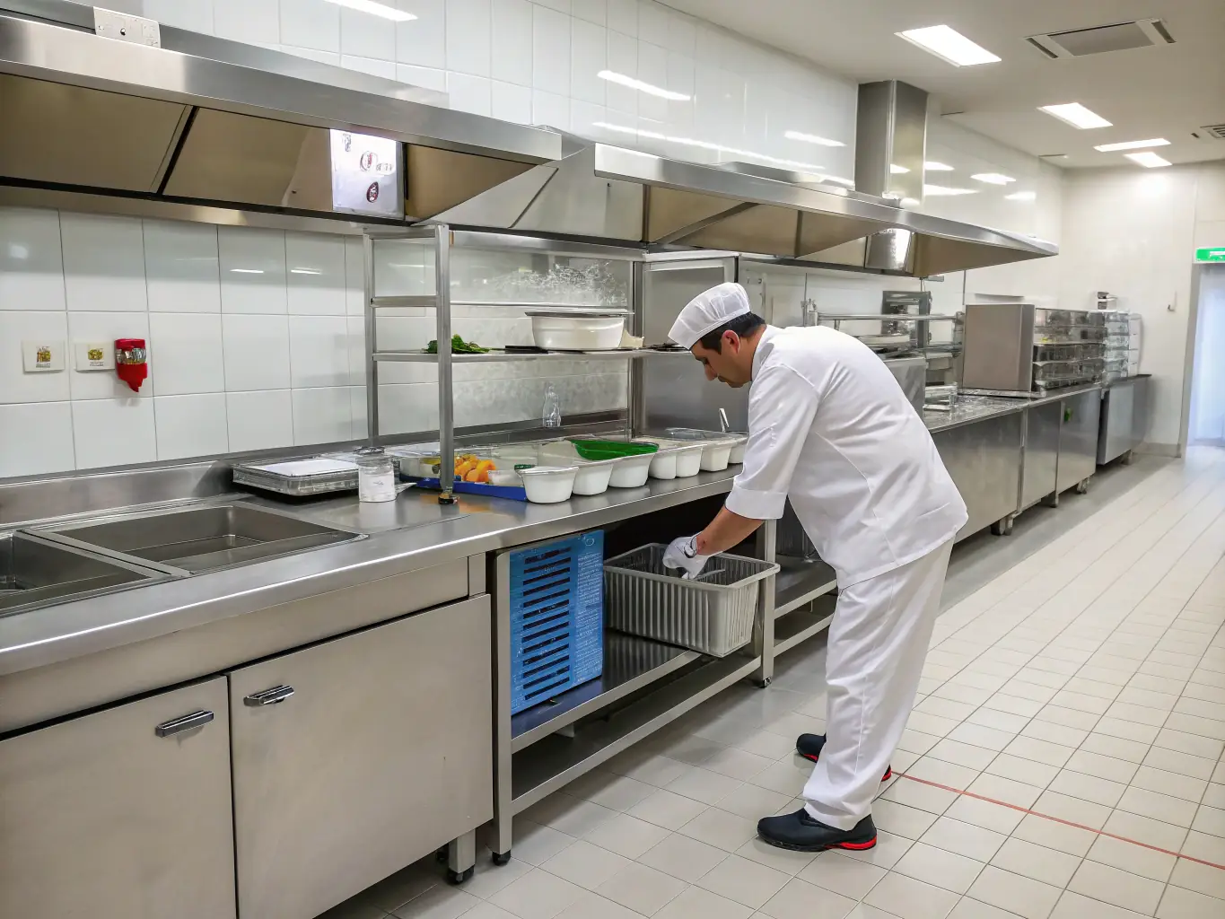 A detailed image showcasing a technician setting up a rodent bait station in a commercial kitchen. The image emphasizes the cleanliness and professionalism of the service, ensuring food safety and hygiene.