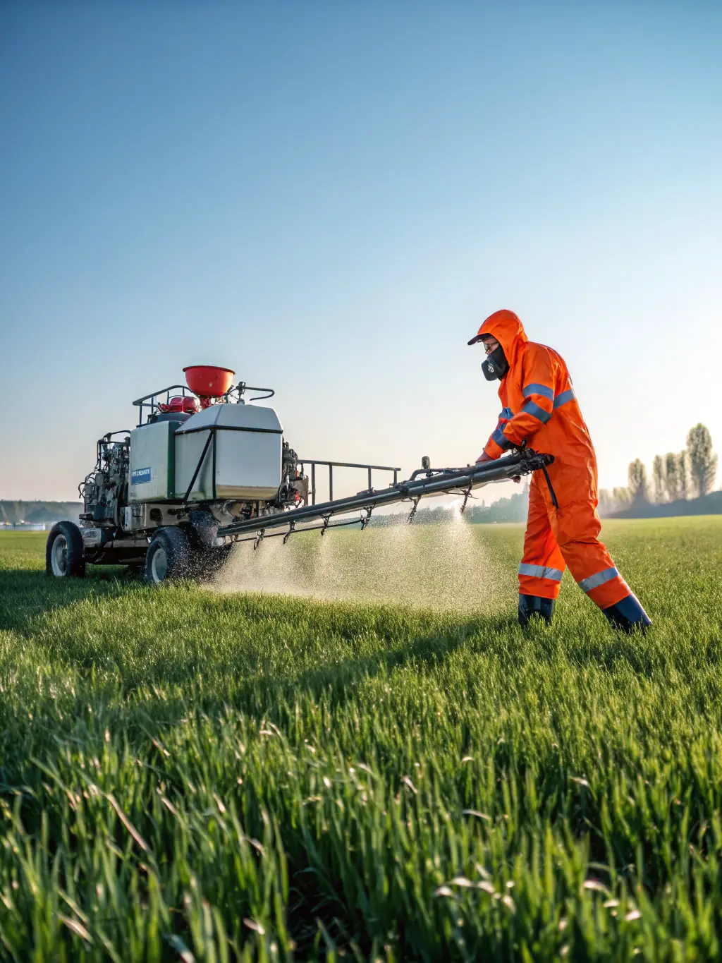 A worker wearing a protective jacket and apron while handling pesticides, highlighting the importance of skin protection.