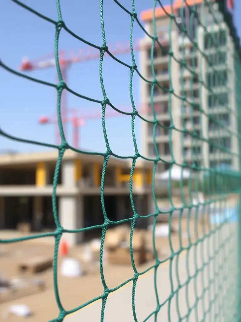 A green shed net installed around a construction site in Ahmedabad, preventing birds from nesting and causing disturbances during construction activities.