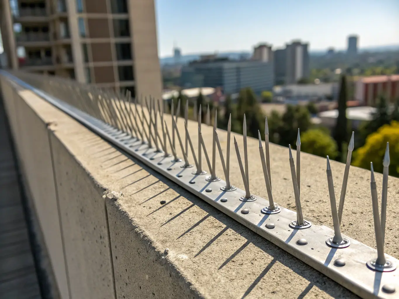 Bird spikes installed on a building ledge to prevent birds from perching.