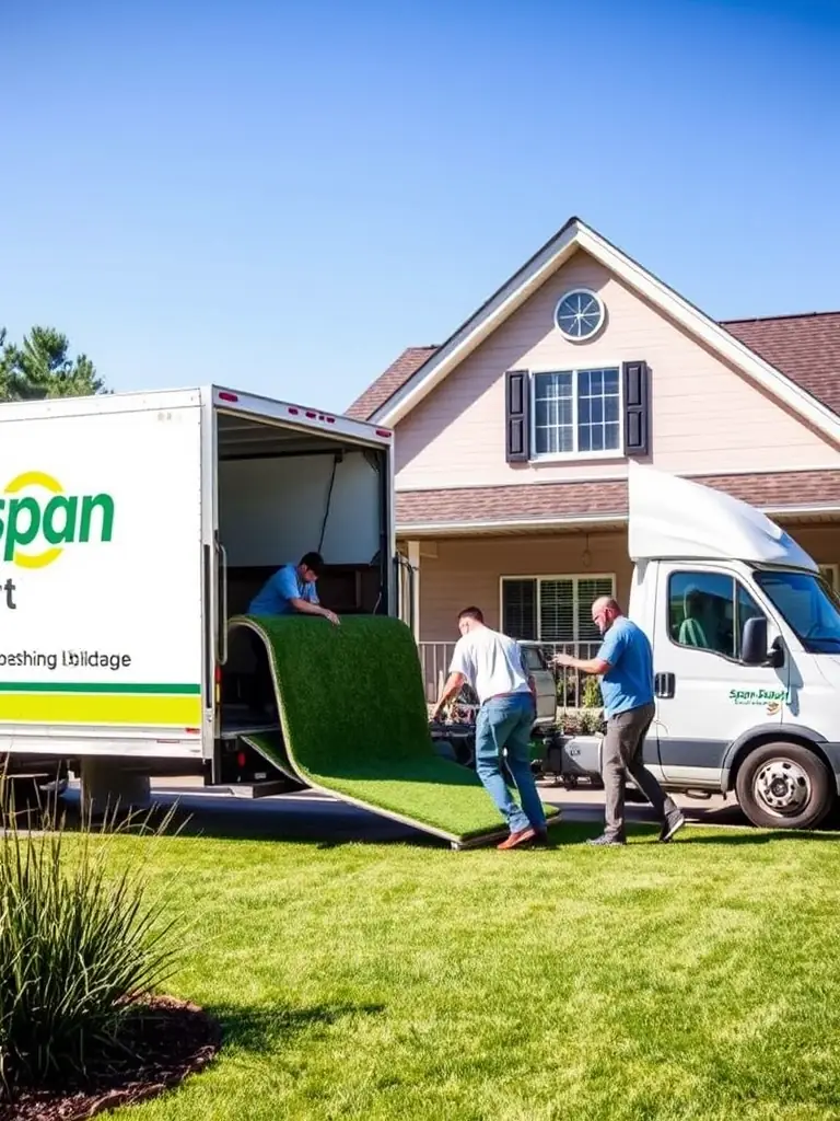 A delivery truck with the Span Shield Mart logo delivering a large order of artificial grass to a customer's home, showcasing the reliable service offered by the company.