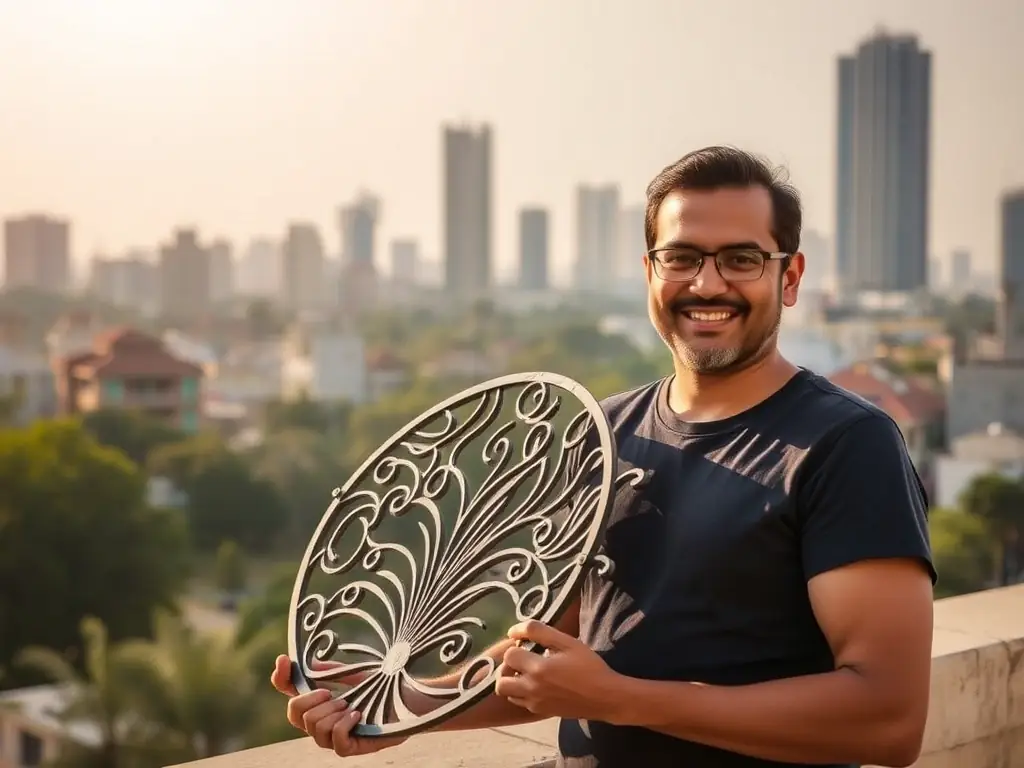 An image depicting a customer smiling while holding a newly purchased metal wall art piece, highlighting the affordable pricing and premium quality assurance offered by Span Shield Mart, with the Ahmedabad skyline in the background.