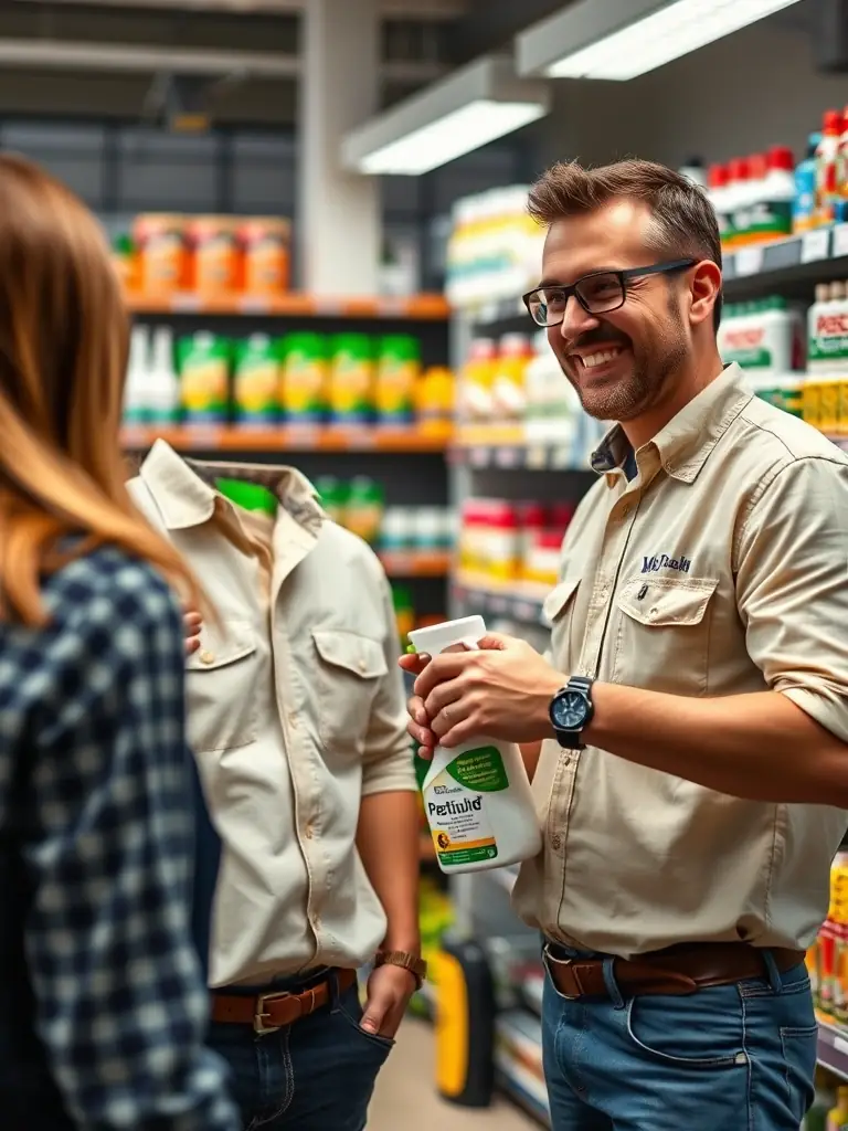 A friendly and knowledgeable staff member assisting a customer with selecting the right pesticide for their specific pest control needs, emphasizing the expert advice provided by Span Shield Mart.