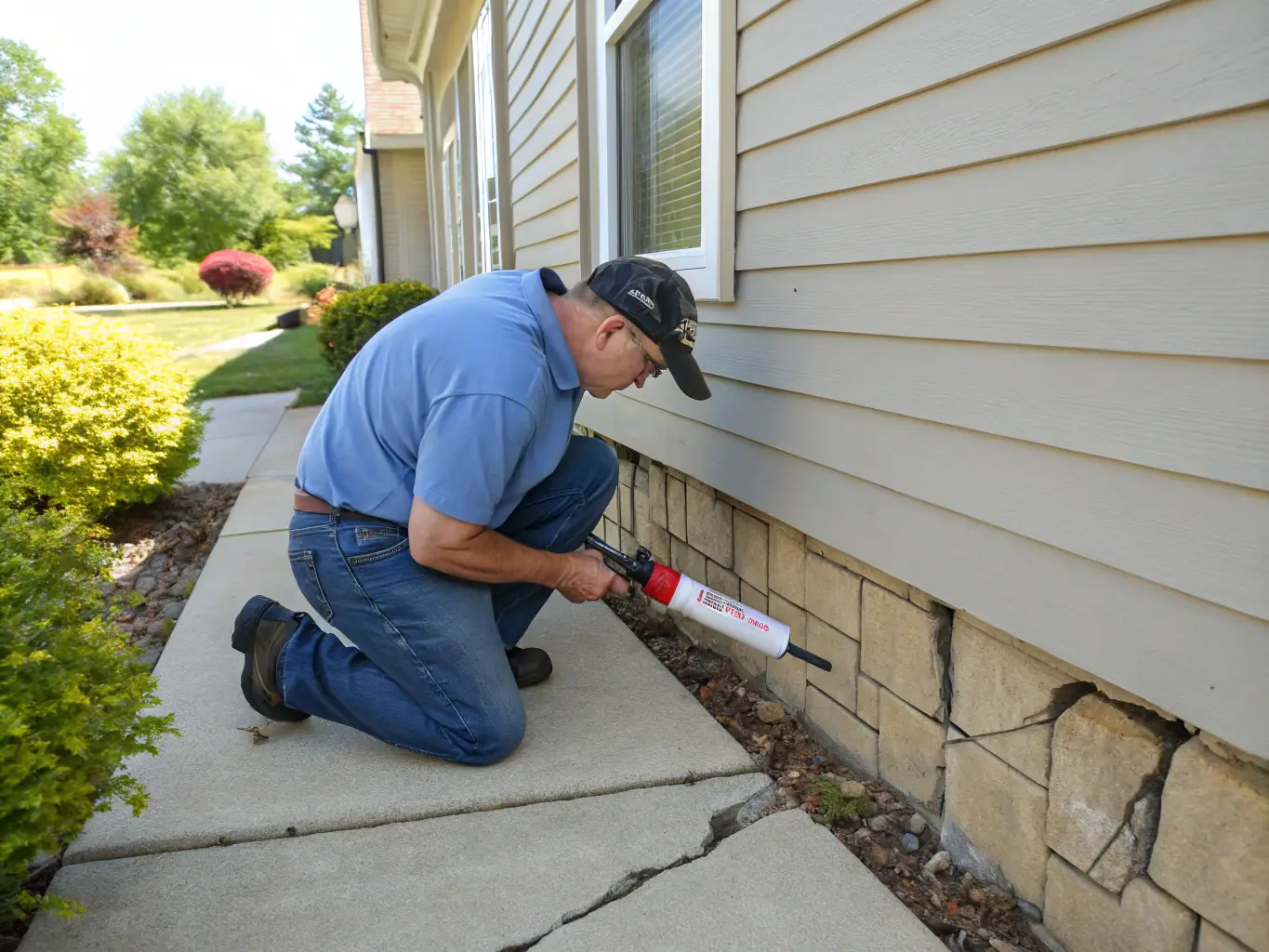 A homeowner applying pest control products around their home, emphasizing ease of use and effectiveness, to represent the use of pest control pesticides in residential settings.