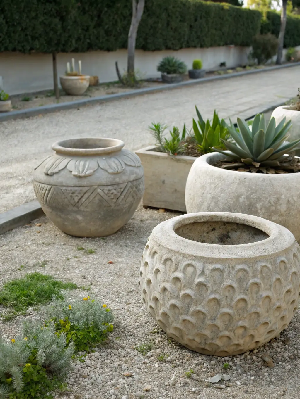 A collection of large planter pots in various shapes and sizes, arranged in a garden setting with different types of plants, highlighting their versatility and suitability for larger plants and trees during the festive season.