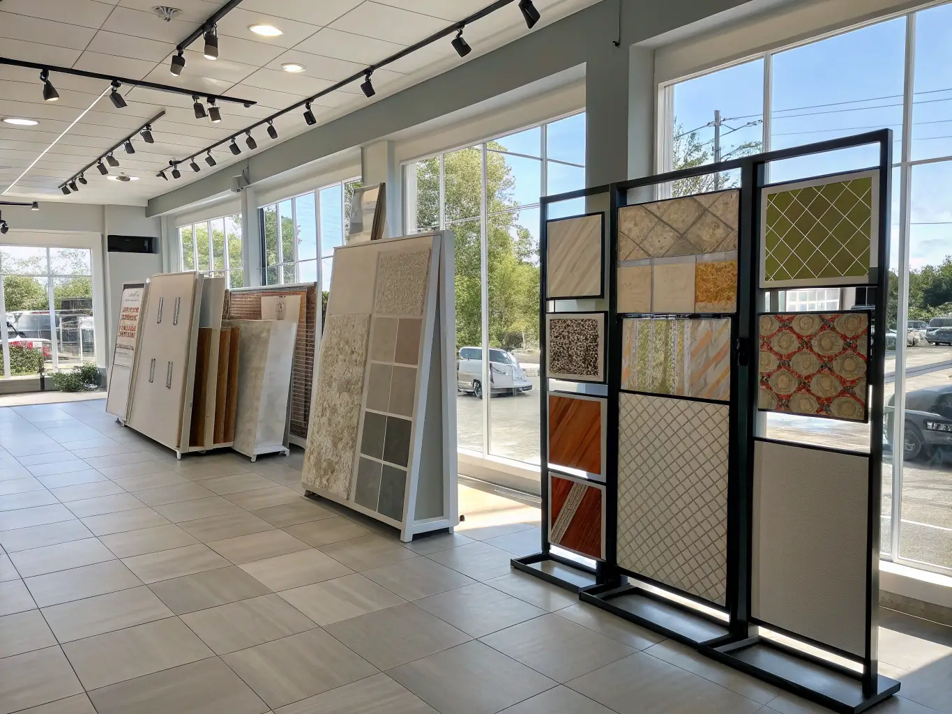 A photograph showcasing a variety of metal wall decor pieces in a showroom setting, emphasizing the versatility of the designs and their suitability for different spaces, including living rooms, offices, and hotels.