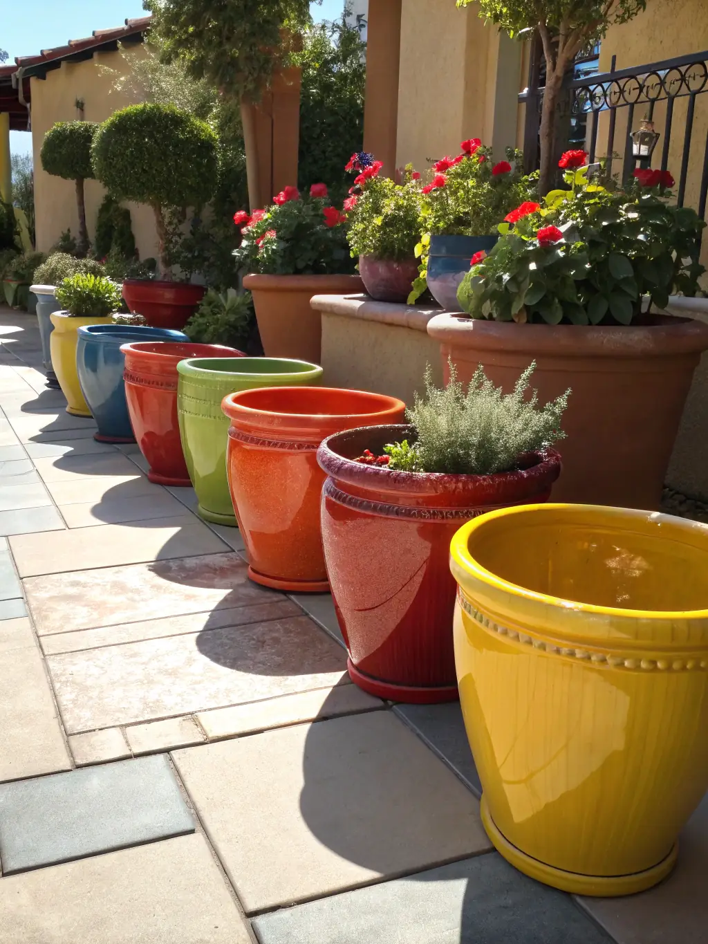 A well-organized display of various garden pots, including rotomolded pots, large planter pots, and nursery pots, highlighting the wide selection available at Span Shield Mart.