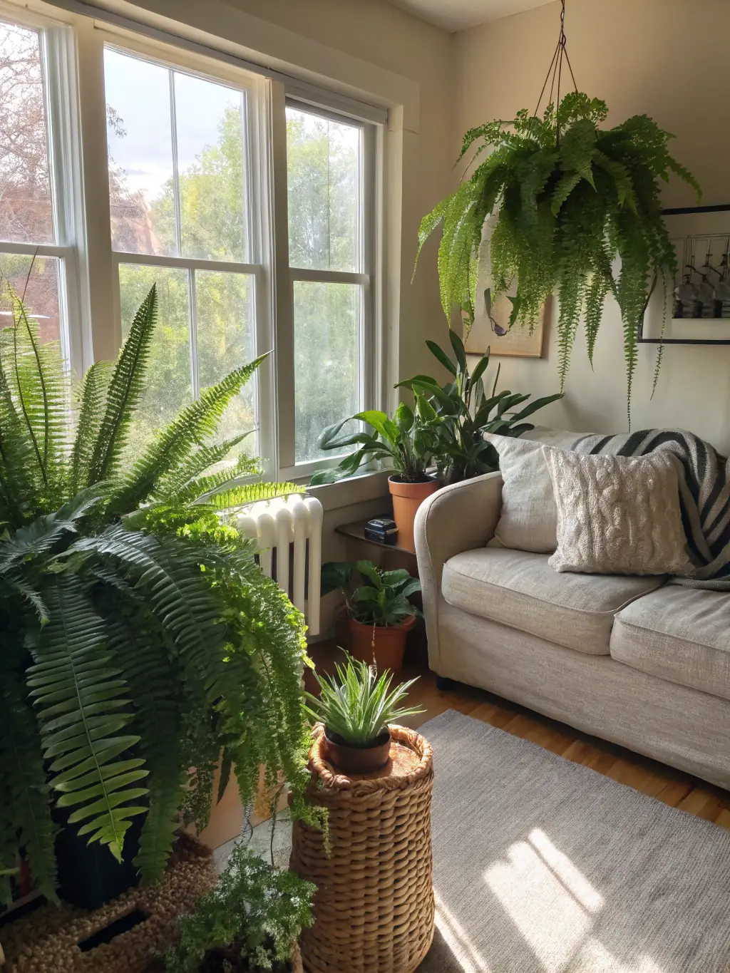 A selection of artificial plants and grass, arranged in a living room setting with festive decorations, demonstrating how they can add greenery and a touch of nature to indoor spaces without the need for maintenance during the busy festive season.